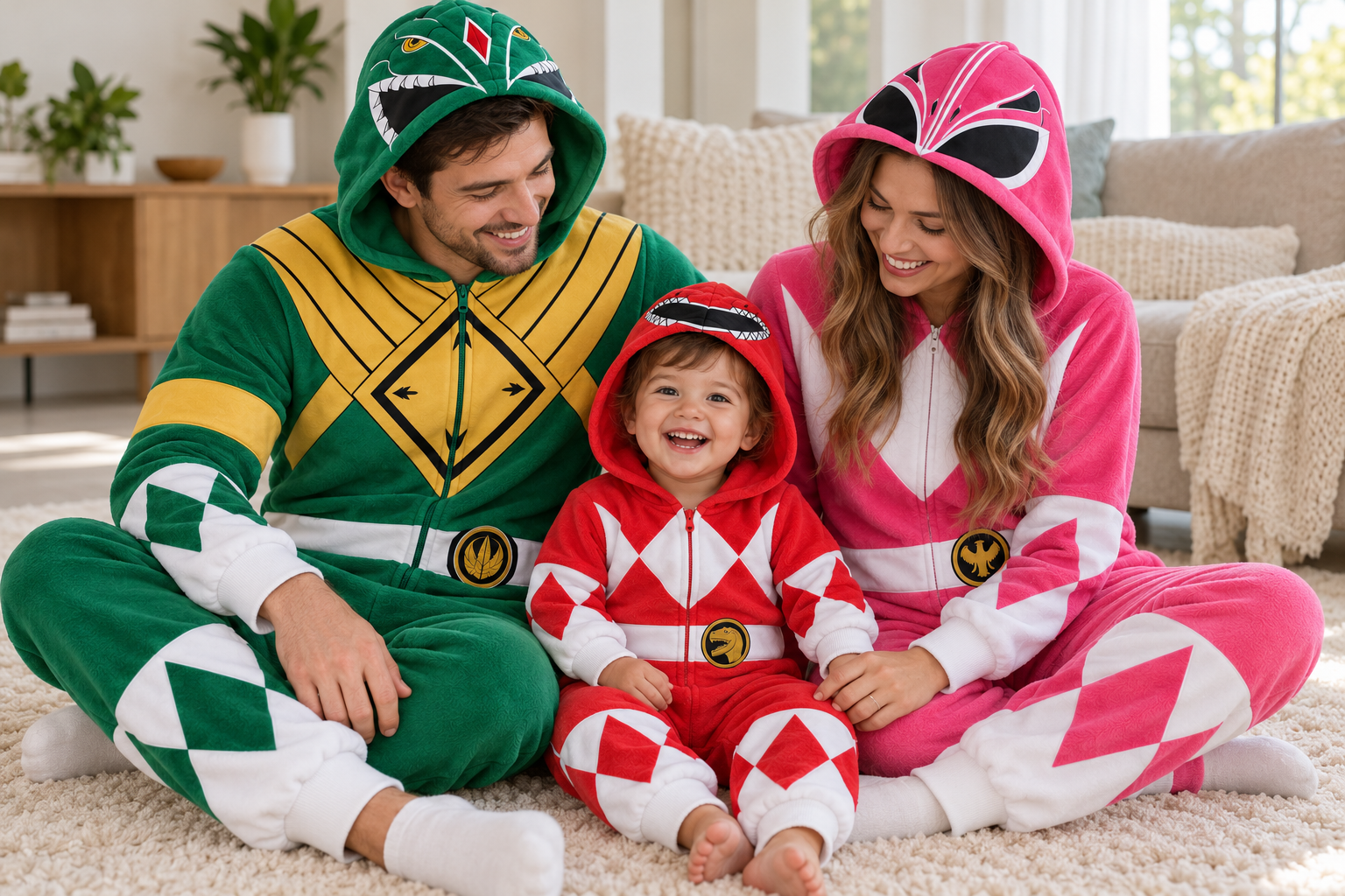 Campaign illustration of a family wearing green, pink, and red ranger onesies together